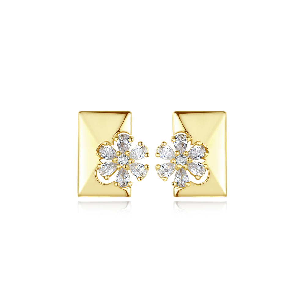 Fashion and Elegant Plated Gold Flower Geometric Rectangular Stud Earrings with Cubic Zirconia