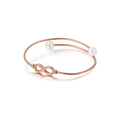 Simple and Elegant Plated Rose Gold Infinity Symbol 316L Stainless Steel Bangle with Imitation Pearls