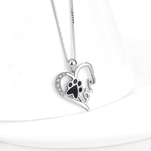 925 Sterling Silver Fashion Creative Dog Paw Print Love Heart Pendant with Cubic Zirconia and Necklace
