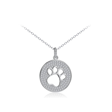 925 Sterling Silver Simple and Bright Hollow Dog Paw Print Geometric Round Pendant with Cubic Zirconia and Necklace