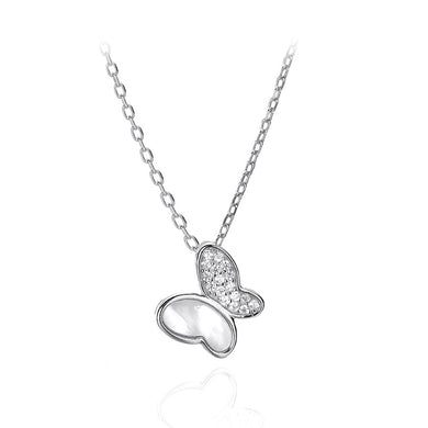 925 Sterling Silver Simple and Elegant Butterfly Shell Pendant with Cubic Zirconia and Necklace