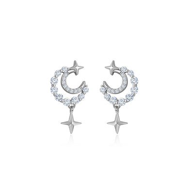 925 Sterling Silver Fashion Temperament Star Moon Stud Earrings with Cubic Zirconia