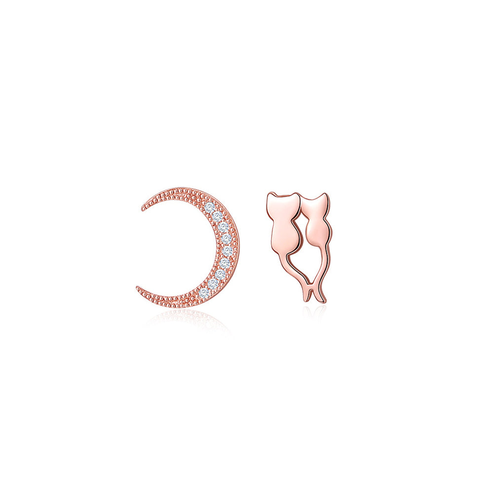 925 Sterling Silver Plated Rose Gold Simple Creative Cat Moon Asymmetrical Stud Earrings with Cubic Zirconia