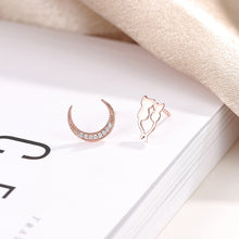 Load image into Gallery viewer, 925 Sterling Silver Plated Rose Gold Simple Creative Cat Moon Asymmetrical Stud Earrings with Cubic Zirconia