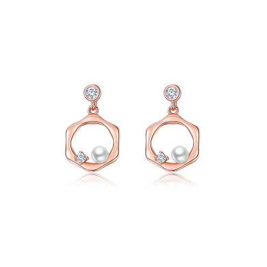 925 Sterling Silver Plated Rose Gold Simple Fashion Geometric Hexagonal Imitation Pearl Stud Earrings with Cubic Zirconia