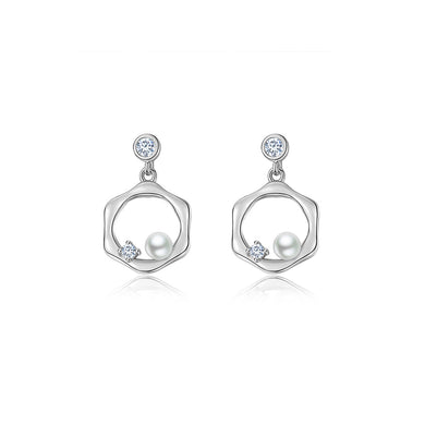 925 Sterling Silver Simple Fashion Geometric Hexagonal Imitation Pearl Stud Earrings with Cubic Zirconia