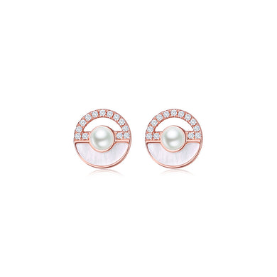 925 Sterling Silver Plated Rose Gold Simple Temperament Geometric Round Imitation Pearl Stud Earrings with Cubic Zirconia