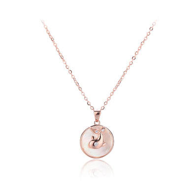 925 Sterling Silver Plated Rose Gold Fashion and Elegant Whale Geometric Round Pendant with Cubic Zirconia and Necklace
