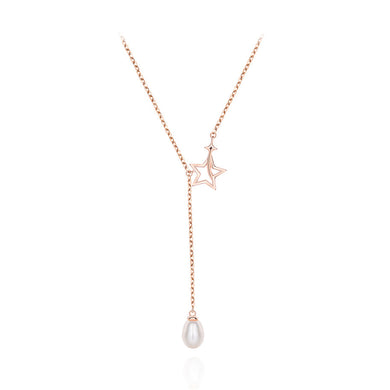 925 Sterling Silver Plated Rose Gold Simple Temperament Hollow Star Tassel Imitation Pearl Pendant and Necklace