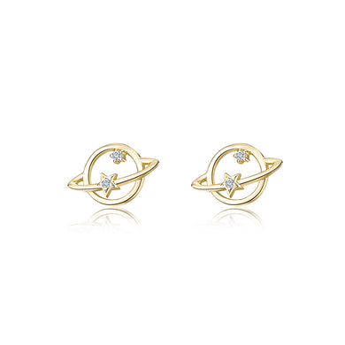 925 Sterling Silver Plated Gold Simple Creative Planet Stud Earrings with Cubic Zirconia
