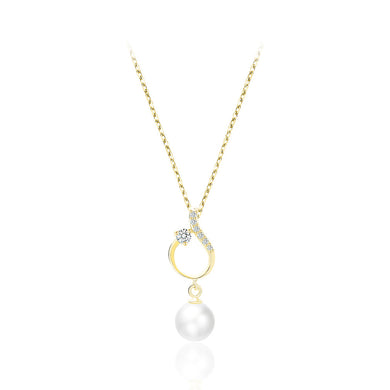 925 Sterling Silver Plated Gold Fashion Simple Hollow Geometric Imitation Pearl Pendant with Cubic Zirconia and Necklace