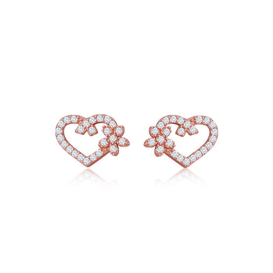 925 Sterling Silver Plated Rose Gold Simple and Bright Hollow Heart-shaped Flower Stud Earrings with Cubic Zirconia