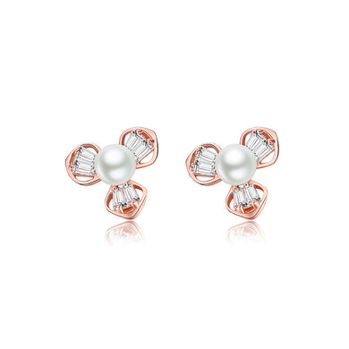 925 Sterling Silver Plated Rose Gold Fashion Simple Flower Imitation Pearl Stud Earrings with Cubic Zirconia