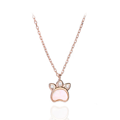 925 Sterling Silver Plated Rose Gold Simple Cute Dog Paw Pendant with Cubic Zirconia and Necklace