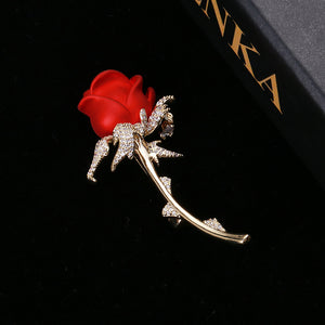 Fashion Temperament Plated Gold Enamel Red Rose Brooch with Cubic Zirconia