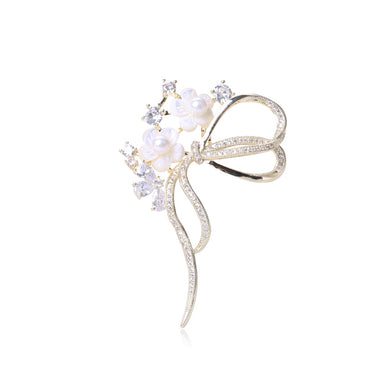 Fashion and Simple Plated Gold Flower Shell Ribbon Imitation Pearl Brooch with Cubic Zirconia