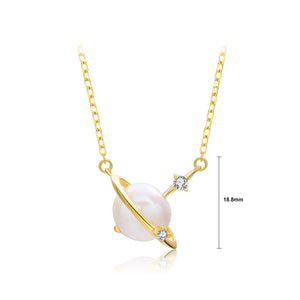 925 Sterling Silver Plated Gold Fashion Creative Planet Freshwater Pearl Pendant with Cubic Zirconia and Necklace