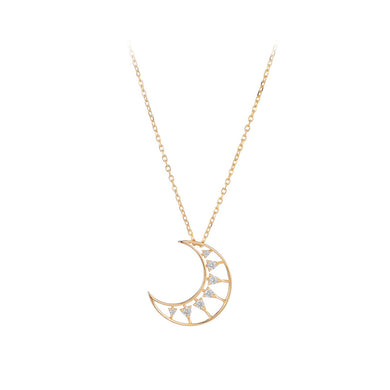 925 Sterling Silver Plated Gold Fashion Simple Hollow Moon Pendant with Cubic Zirconia and Necklace