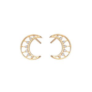 925 Sterling Silver Plated Gold Fashion Simple Hollow Moon Stud Earrings with Cubic Zirconia