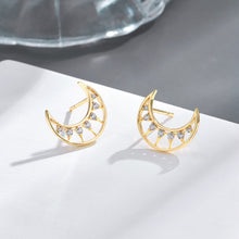 Load image into Gallery viewer, 925 Sterling Silver Plated Gold Fashion Simple Hollow Moon Stud Earrings with Cubic Zirconia