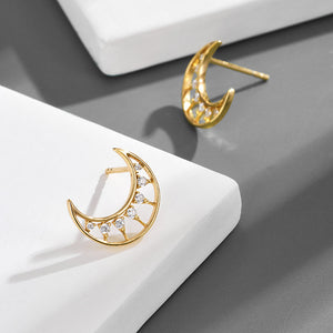 925 Sterling Silver Plated Gold Fashion Simple Hollow Moon Stud Earrings with Cubic Zirconia