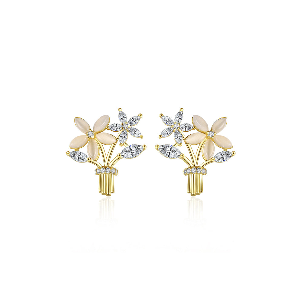 Fashion Elegant Plated Gold Flower Imitation Opal Stud Earrings with Cubic Zirconia