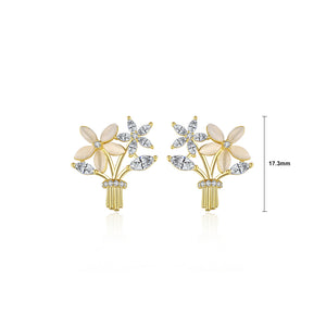 Fashion Elegant Plated Gold Flower Imitation Opal Stud Earrings with Cubic Zirconia