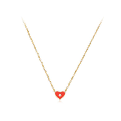 925 Sterling Silver Plated Gold Simple Romantic Enamel Red Heart Pendant with Cubic Zirconia and Necklace
