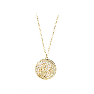 925 Sterling Silver Plated Gold Fashion Simple Cat Geometric Round Pendant with Cubic Zirconia and Necklace