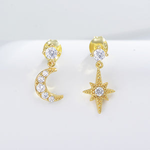 925 Sterling Silver Plated Gold Fashion Simple Star Moon Asymmetric Stud Earrings with Cubic Zirconia
