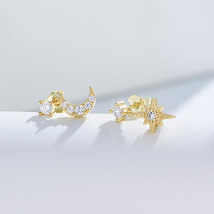 925 Sterling Silver Plated Gold Fashion Simple Star Moon Asymmetric Stud Earrings with Cubic Zirconia