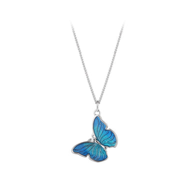 925 Sterling Silver Fashion Simple Enamel Blue Butterfly Pendant with Necklace