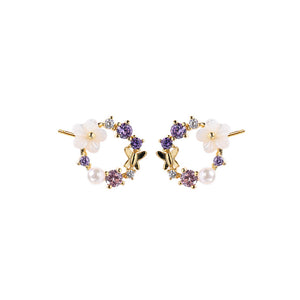 925 Sterling Silver Plated Gold Fashion Elegant Butterfly Flower Imitation Pearl Hollow Geometric Stud Earrings with Cubic Zirconia