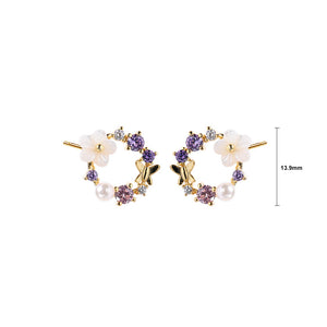 925 Sterling Silver Plated Gold Fashion Elegant Butterfly Flower Imitation Pearl Hollow Geometric Stud Earrings with Cubic Zirconia