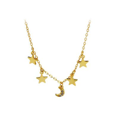 925 Sterling Silver Gold Plated Fashion Simple Moon Star Necklace with Cubic Zirconia