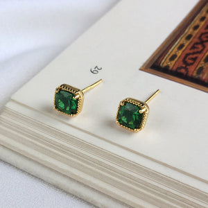 925 Sterling Silver Plated Gold Simple and Delicate Geometric Square Stud Earrings with Green Cubic Zirconia