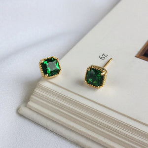 925 Sterling Silver Plated Gold Simple and Delicate Geometric Square Stud Earrings with Green Cubic Zirconia