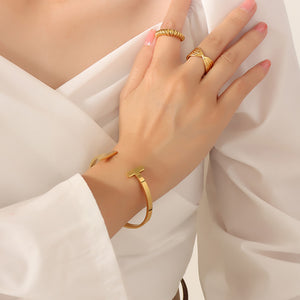 Fashion Simple Plated Gold 316L Stainless Steel T Shape Geometric Open Bangle