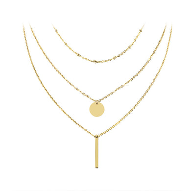 Fashion Simple Plated Gold 316L Stainless Steel Geometric Round Bar Pendant with Three Layer Necklace