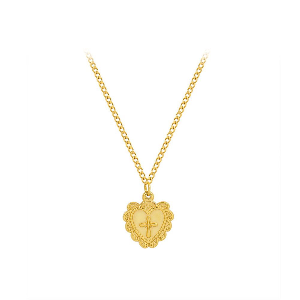 Fashion Simple Plated Gold 316L Stainless Steel Cross Lace Heart Pendant with Necklace