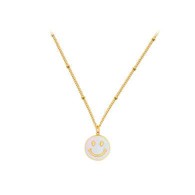 Fashion Cute Plated Gold 316L Stainless Steel Smiley Geometric Round Pendant with White Shell and Necklace