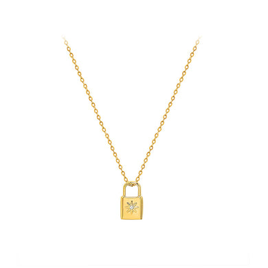 Simple Personality Plated Gold 316L Stainless Steel Lock Pendant with Cubic Zirconia and Necklace