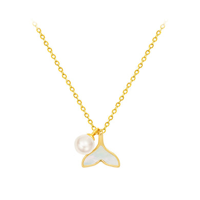 Simple Lovely Plated Gold 316L Stainless Steel Fish Tail Shell Pendant with Imitation Pearl and Necklace