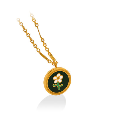 Fashion Elegant Plated Gold 316L Stainless Steel Enamel Floral Geometric Round Pendant with Necklace