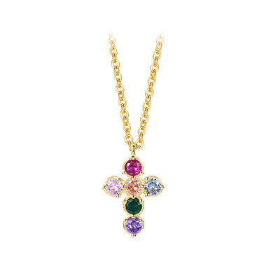 925 Sterling Silver Plated Gold Simple Fashion Cross Pendant with Colorful Cubic Zirconia and Necklace
