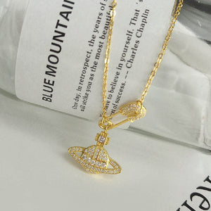 925 Sterling Silver Plated Gold Fashion Creative Paperclip Planet Pendant with Cubic Zirconia and Necklace