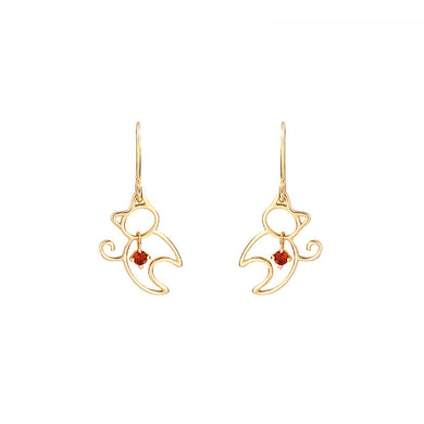 925 Sterling Silver Plated Gold Simple Cute Hollow Cat Earrings with Red Cubic Zirconia