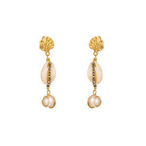 Fashion Elegant Plated Gold Irregular Geometric Shell Tassel Imitation Pearl Earrings with Cubic Zirconia