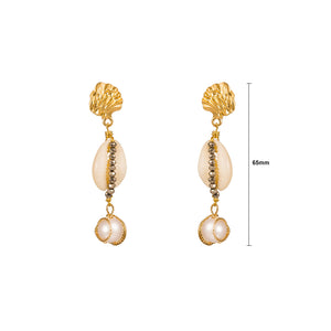 Fashion Elegant Plated Gold Irregular Geometric Shell Tassel Imitation Pearl Earrings with Cubic Zirconia