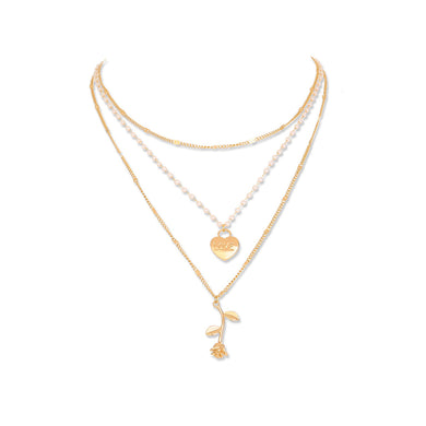 Fashion Romantic Plated Gold Heart Rose Pendant with Beaded Multilayer Necklace